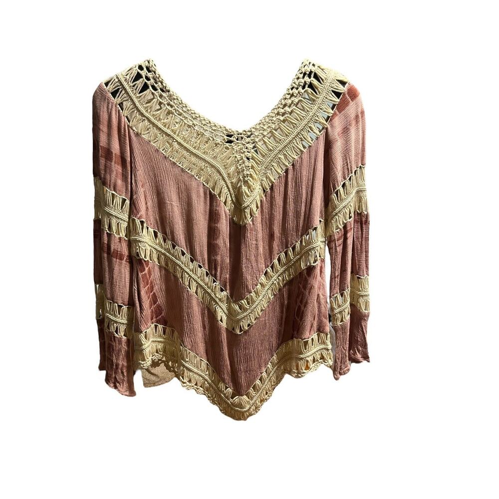 Umgee Boho Pink Tie Dye Top Size L Crochet open weave Festival High Low Hem - Picture 13 of 16